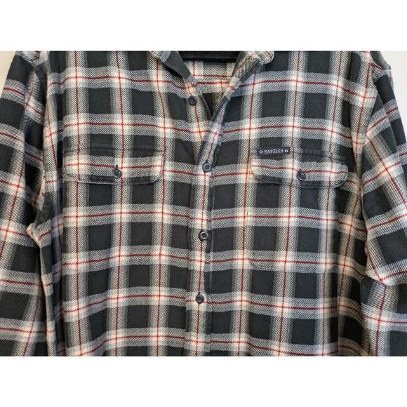 Nautica Mens Flannel Shirt Medium Black Gray Check Heavyweight Cotton Gorpcore - Picture 6 of 11